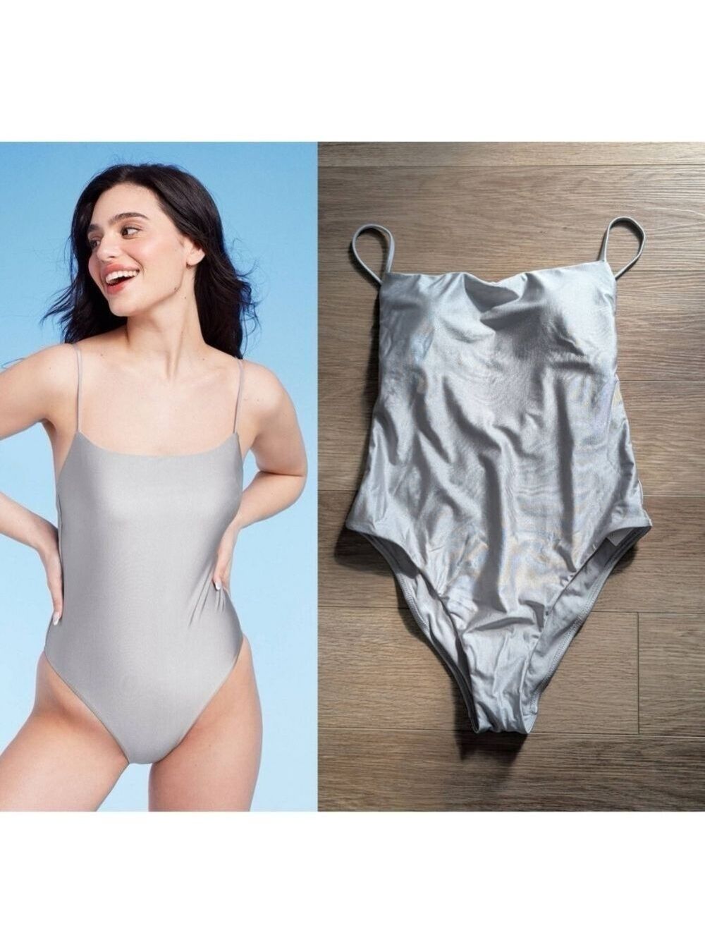 Shade & Shore | Metallic Silver One Piece Swimsuit - High Leg Cheeky